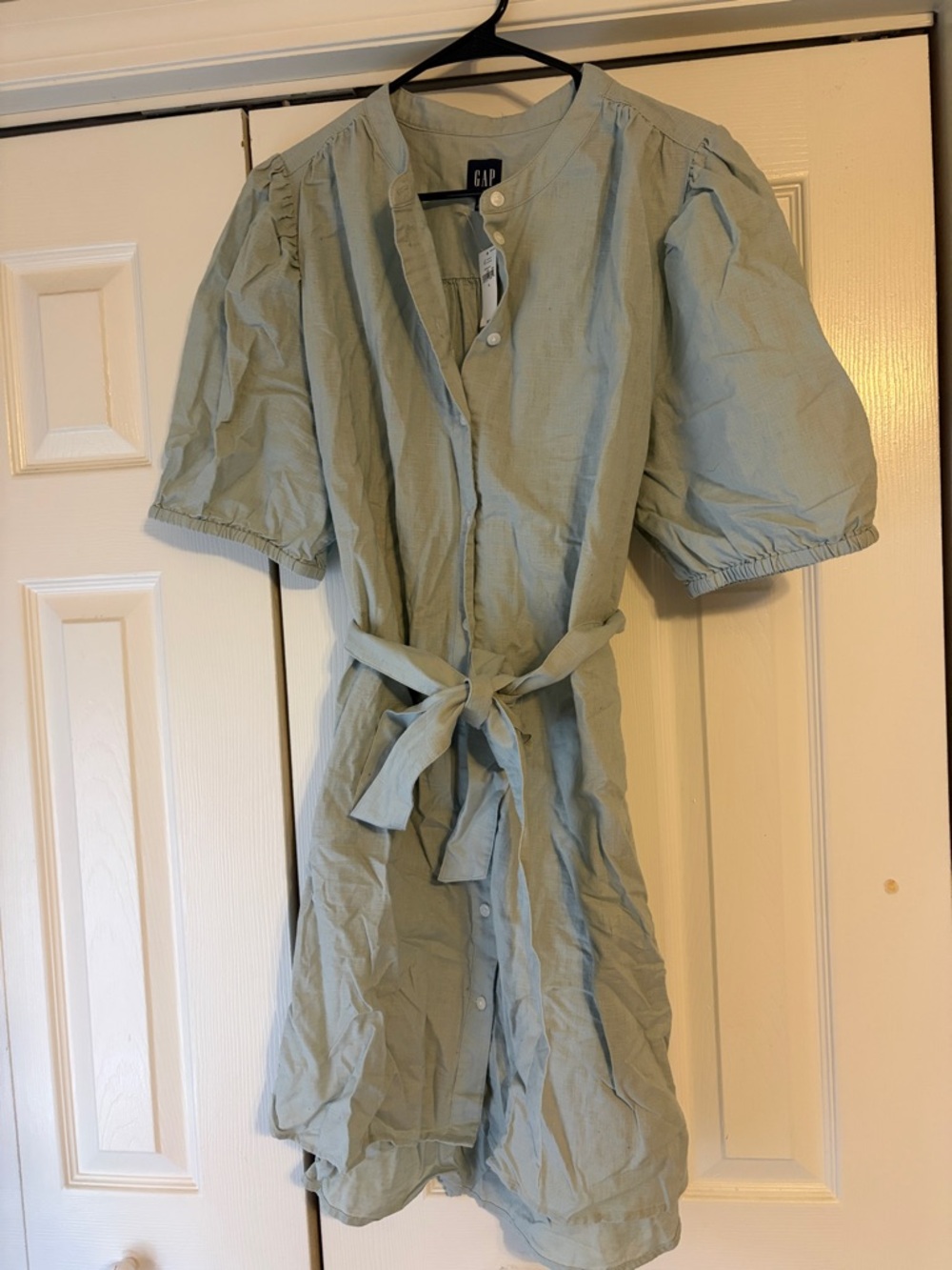 GAP Pale Blue Puff Sleeve Tie-Front Shirt Dress